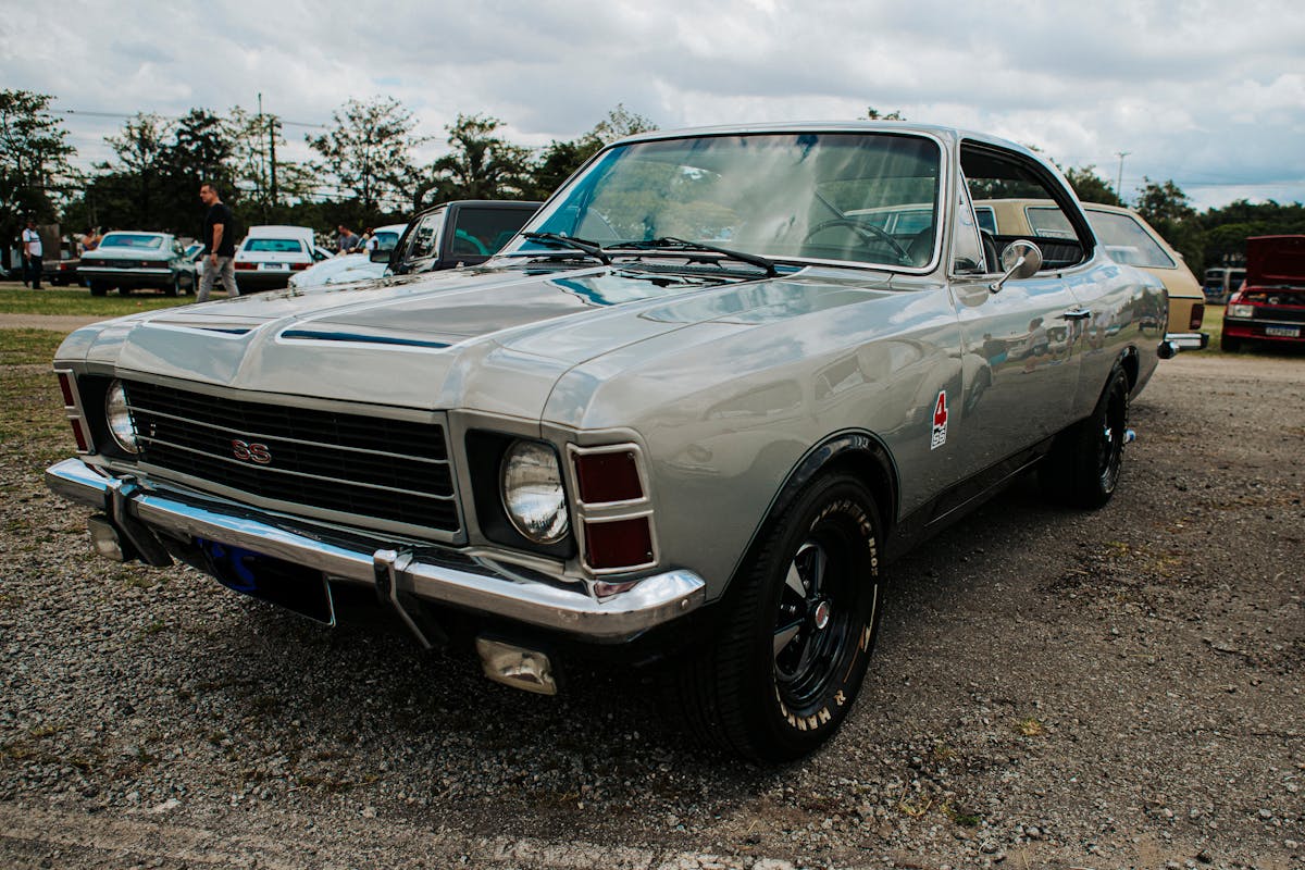 Classic Grey Muscle Car at Outdoor Auto Show