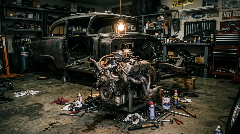 1950s car restoration with engine and tools in a vintage garage